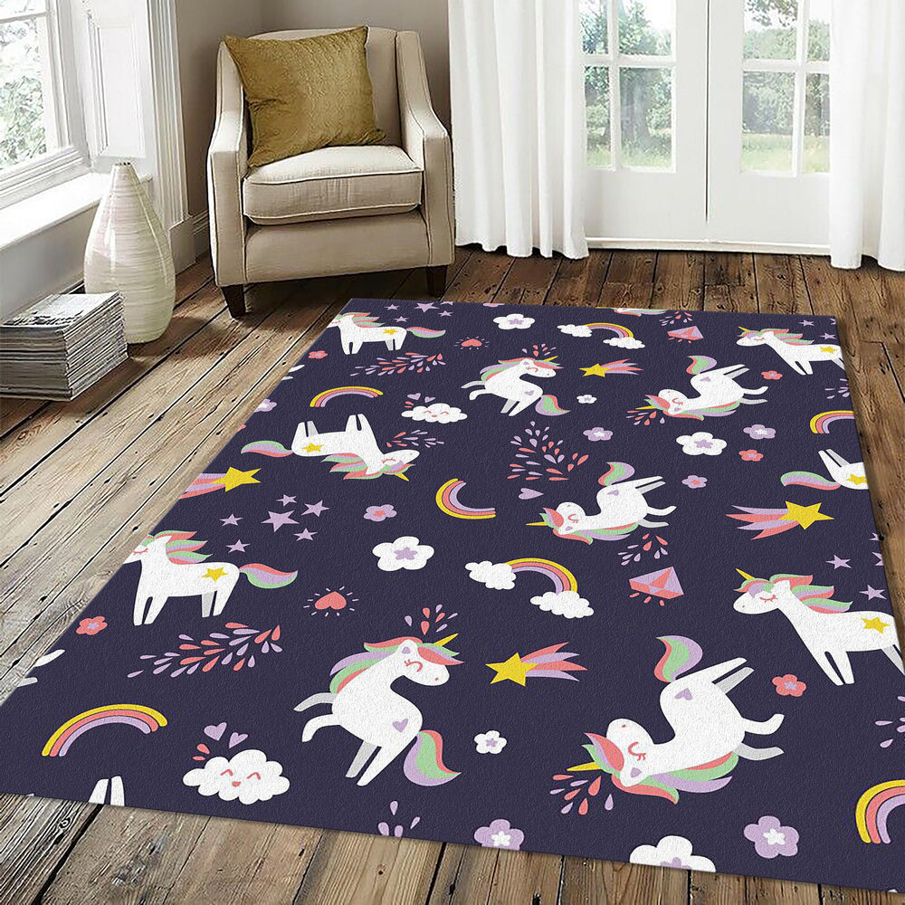 Cute Unicorn Rainbow Pattern Rug Magical Stars Girls Bedroom