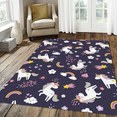 Cute Unicorn Rainbow Pattern Rug Magical Stars Girls Bedroom