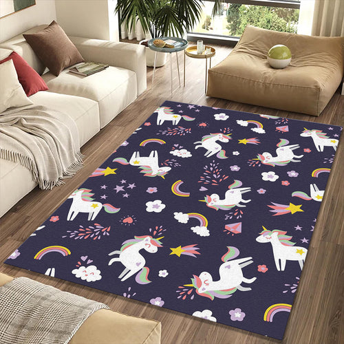 Cute Unicorn Rainbow Pattern Rug Magical Stars Girls Bedroom