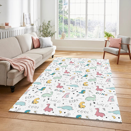 Cute Dinosaur Doodle Pattern Rug Pastel Pink Green Dino Kids