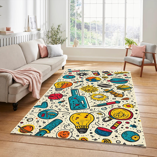 Science Lab Doodle Pattern Rug Cosmic Planets Test Tubes