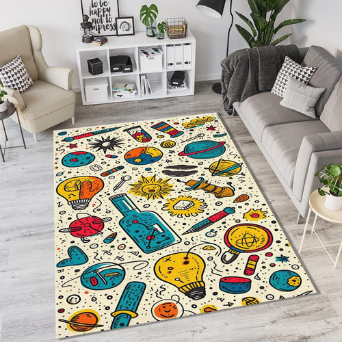 Science Lab Doodle Pattern Rug Cosmic Planets Test Tubes