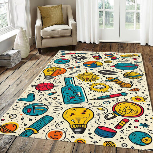 Science Lab Doodle Pattern Rug Cosmic Planets Test Tubes