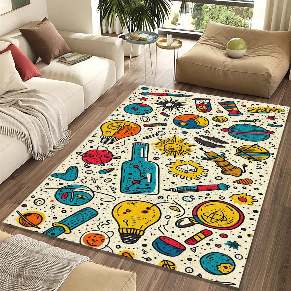 Science Lab Doodle Pattern Rug Cosmic Planets Test Tubes