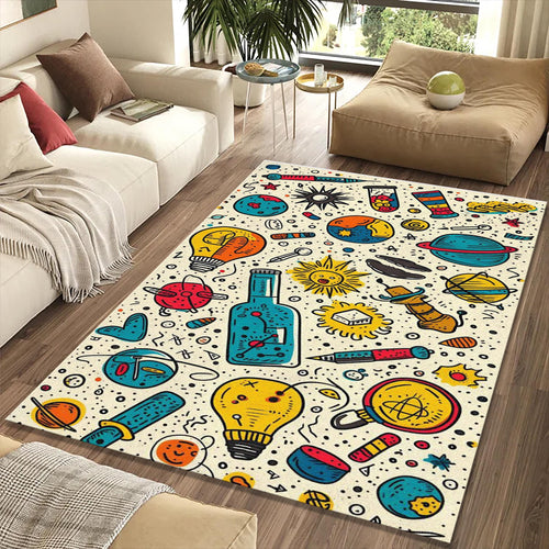 Science Lab Doodle Pattern Rug Cosmic Planets Test Tubes