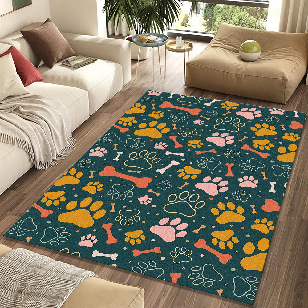 Dog Paw Print Pattern Rug Cute Pet Lover Bone Doodle Mat Deep