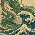 Japanese Dragon Great Wave Rug Ukiyo-e Green Dragon Mythological