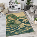 Japanese Dragon Great Wave Rug Ukiyo-e Green Dragon Mythological