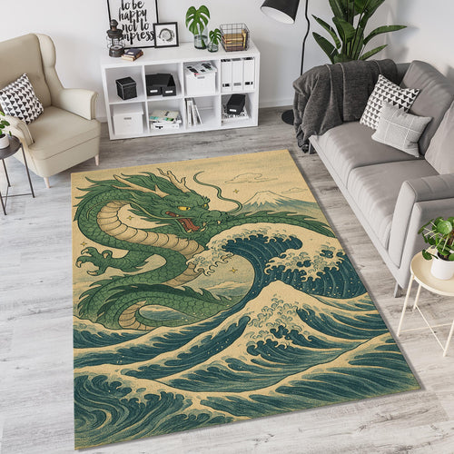 Japanese Dragon Great Wave Rug Ukiyo-e Green Dragon Mythological