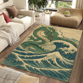 Japanese Dragon Great Wave Rug Ukiyo-e Green Dragon Mythological