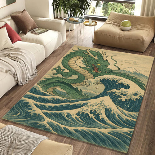 Japanese Dragon Great Wave Rug Ukiyo-e Green Dragon Mythological