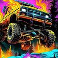 Neon Synthwave Monster Truck Rug Cyberpunk Off-Road Fire Jump Mat