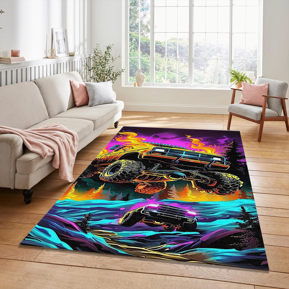 Neon Synthwave Monster Truck Rug Cyberpunk Off-Road Fire Jump Mat
