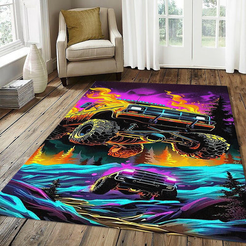 Neon Synthwave Monster Truck Rug Cyberpunk Off-Road Fire Jump Mat