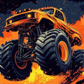 Fiery Orange Monster Truck Rug High Impact Graphic Big Tires Mat