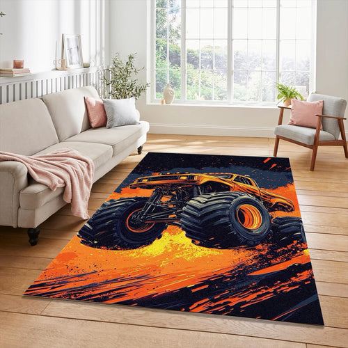 Fiery Orange Monster Truck Rug High Impact Graphic Big Tires Mat