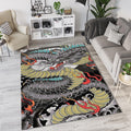 Japanese Irezumi Dragon Tattoo Rug Oriental Black & Olive Green