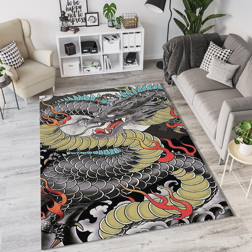 Japanese Irezumi Dragon Tattoo Rug Oriental Black & Olive Green