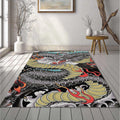 Japanese Irezumi Dragon Tattoo Rug Oriental Black & Olive Green
