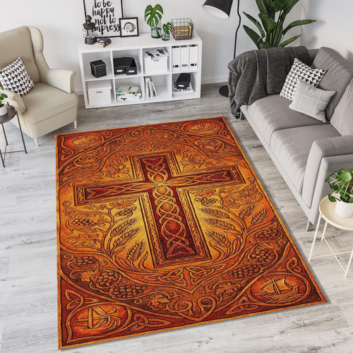Ornate Celtic Cross Rug Medieval Knotwork & Spiritual Symbols Mat