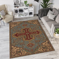 Traditional Geometric Cross Rug Muted Dusty Blue Teal & Burgundy