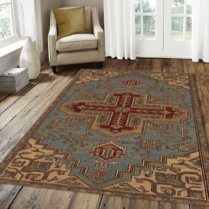 Traditional Geometric Cross Rug Muted Dusty Blue Teal & Burgundy