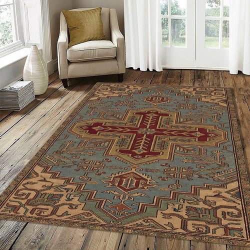 Traditional Geometric Cross Rug Muted Dusty Blue Teal & Burgundy