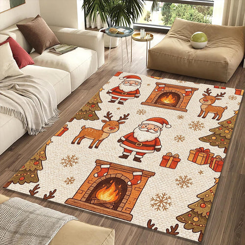 Cozy Cartoon Santa Reindeer Rug Hand-Drawn Fireplace Christmas