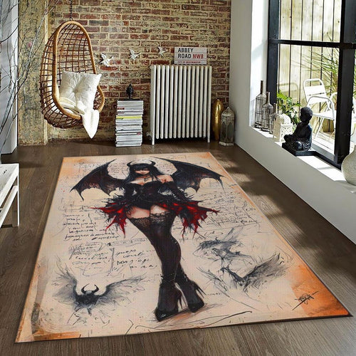 Gothic Demon Girl Rug, Dark Fantasy Area Rug
