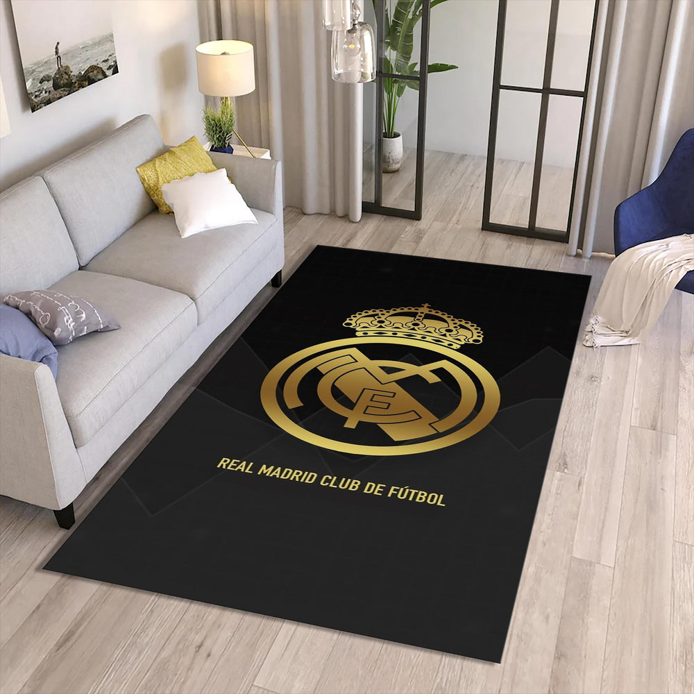 Real Madrid Crest Rug Luxury Man Cave Black & Gold Minimalist Mat