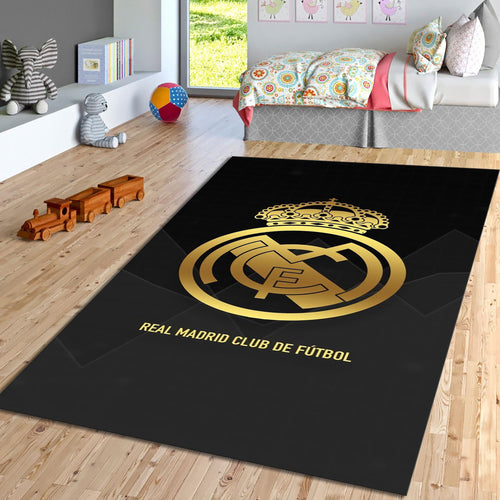 Real Madrid Crest Rug Luxury Man Cave Black & Gold Minimalist Mat