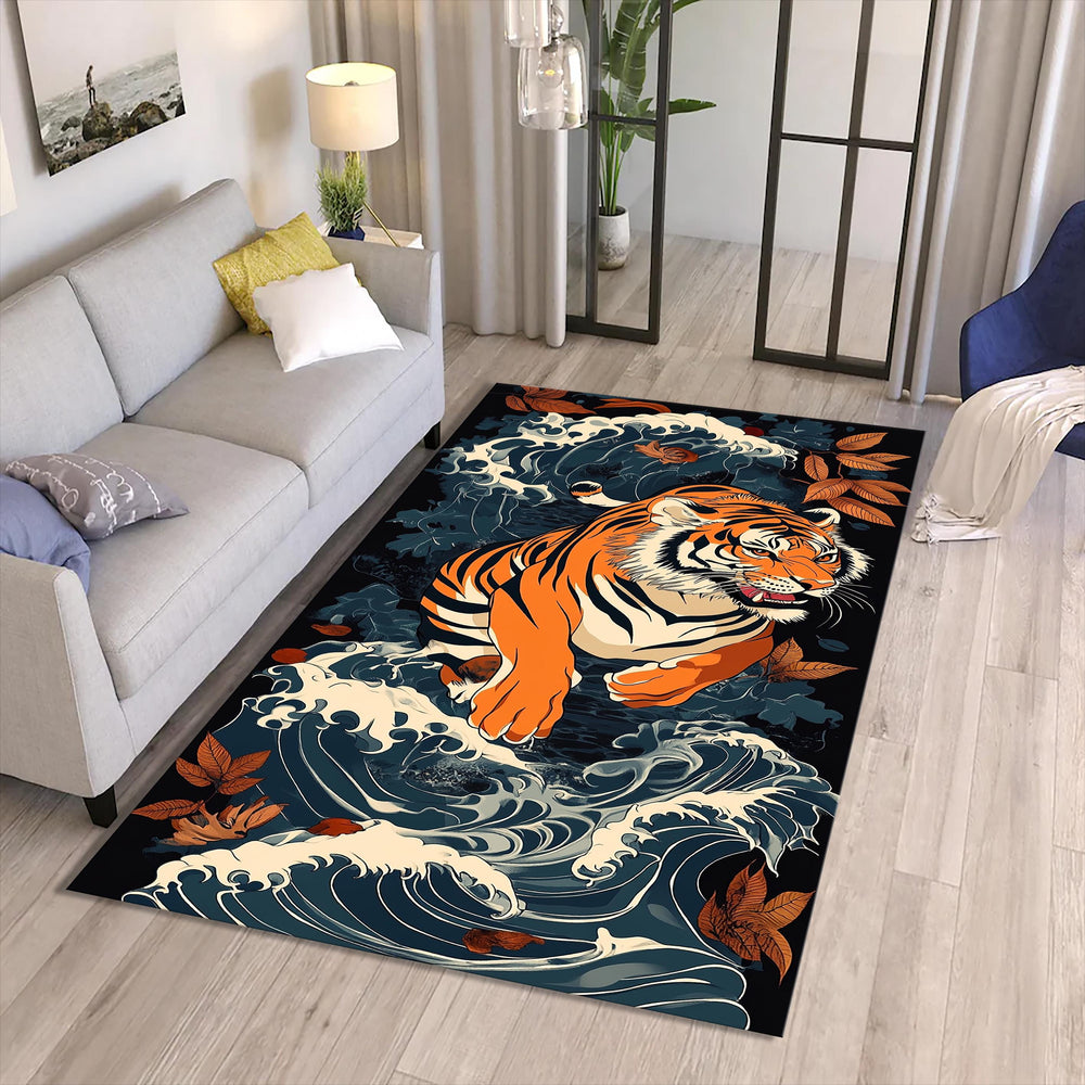 Japanese Tiger Waves Rug Living Room Decor Non-Slip Washable Mat