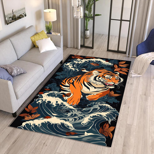 Japanese Tiger Waves Rug Living Room Decor Non-Slip Washable Mat