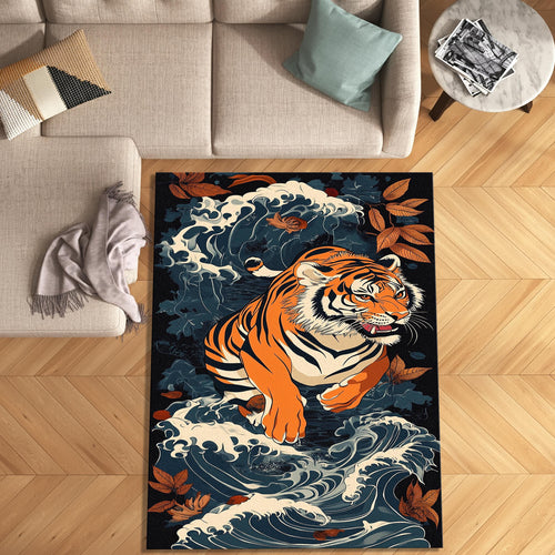 Japanese Tiger Waves Rug Living Room Decor Non-Slip Washable Mat