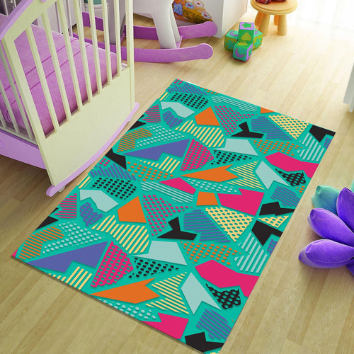 Teal Memphis Style Geometric Rug Teen Bedroom Gaming Room Decor