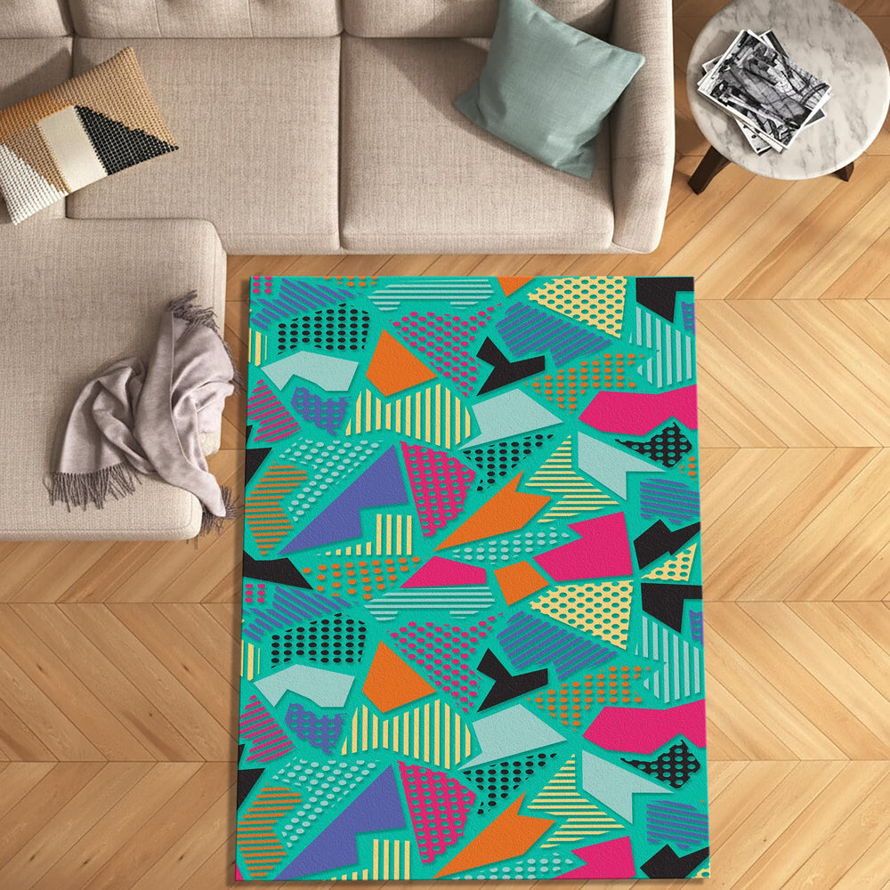 Teal Memphis Style Geometric Rug Teen Bedroom Gaming Room Decor