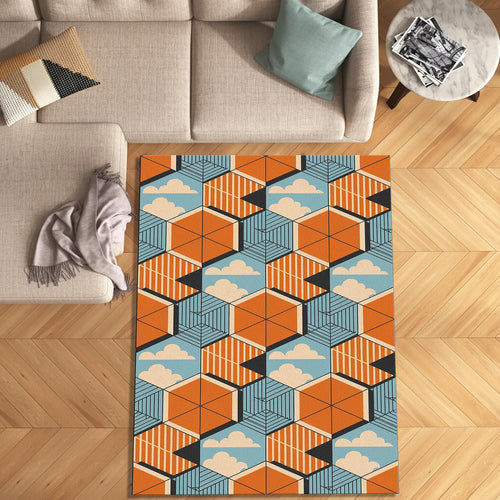 Retro Isometric Clouds Rug Geometric Orange Blue Living Room