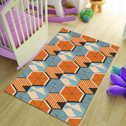 Retro Isometric Clouds Rug Geometric Orange Blue Living Room