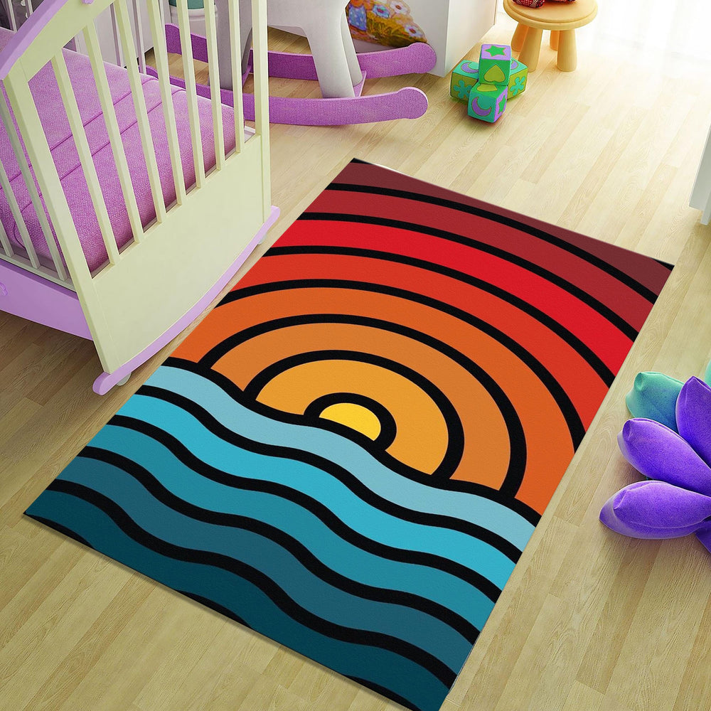 Retro Sunset Ocean Wave Rug Living Room Bedroom Decor Non-Slip