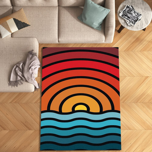 Retro Sunset Ocean Wave Rug Living Room Bedroom Decor Non-Slip
