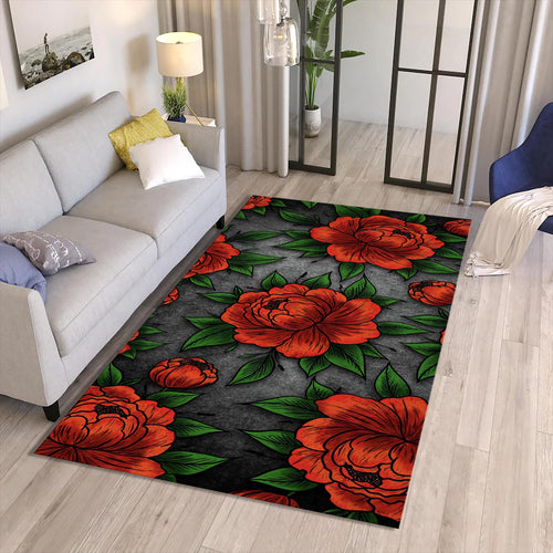 Dark Red Peony Floral Rug Gothic Living Room Decor Non-Slip