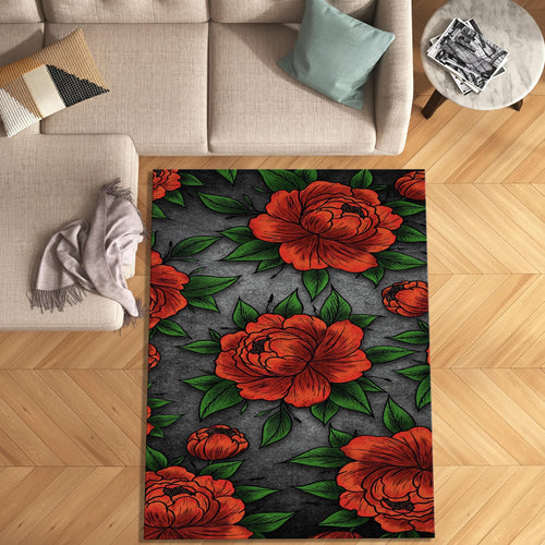 Dark Red Peony Floral Rug Gothic Living Room Decor Non-Slip