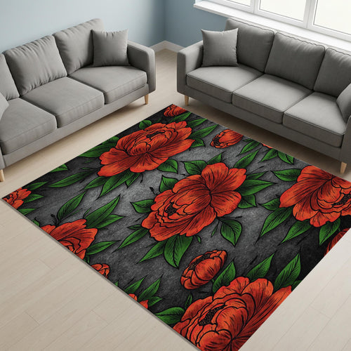Dark Red Peony Floral Rug Gothic Living Room Decor Non-Slip