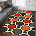 Retro Octagon Tile Pattern Rug Orange Grey Geometric Kitchen Mat
