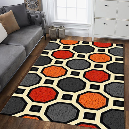 Retro Octagon Tile Pattern Rug Orange Grey Geometric Kitchen Mat
