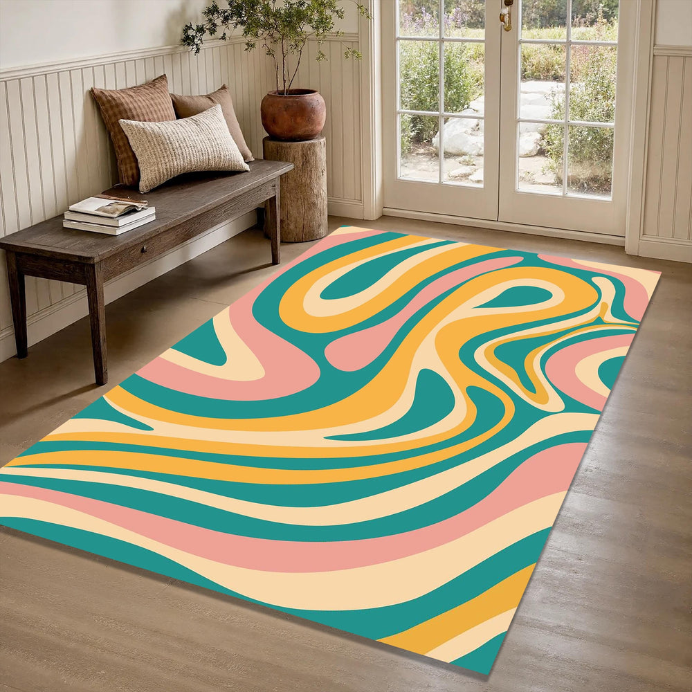 Groovy Retro Swirl Pattern Rug Boho Living Room Decor Non-Slip