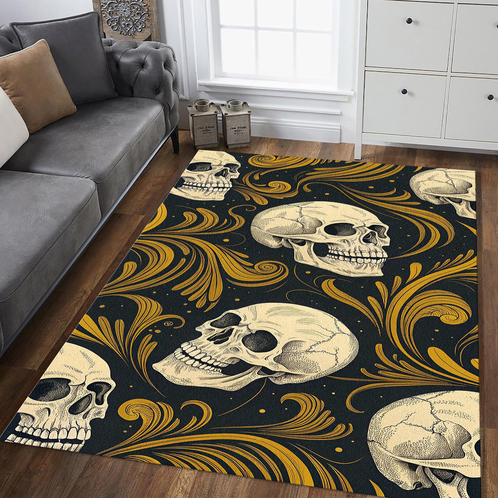 Gothic Skull Gold Scrollwork Rug Bedroom Decor Non-Slip Washable