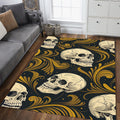 Gothic Skull Gold Scrollwork Rug Bedroom Decor Non-Slip Washable