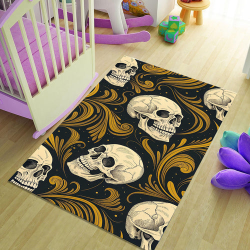 Gothic Skull Gold Scrollwork Rug Bedroom Decor Non-Slip Washable