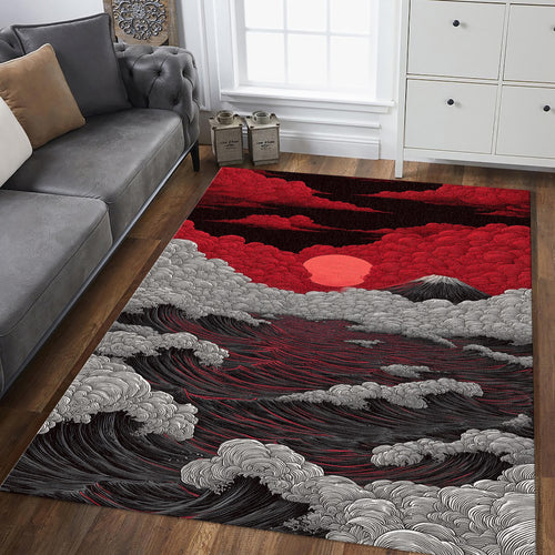 Red Sun Ukiyo-e Wave Rug Man Cave Living Room Decor Non-Slip